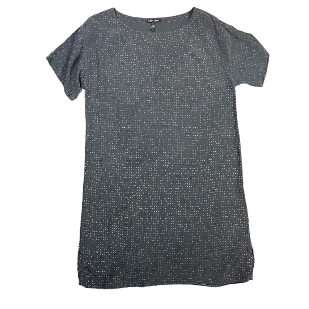 Eileen Fisher Dotted Line Print Short Sleeve Black Shift Dress Size Small